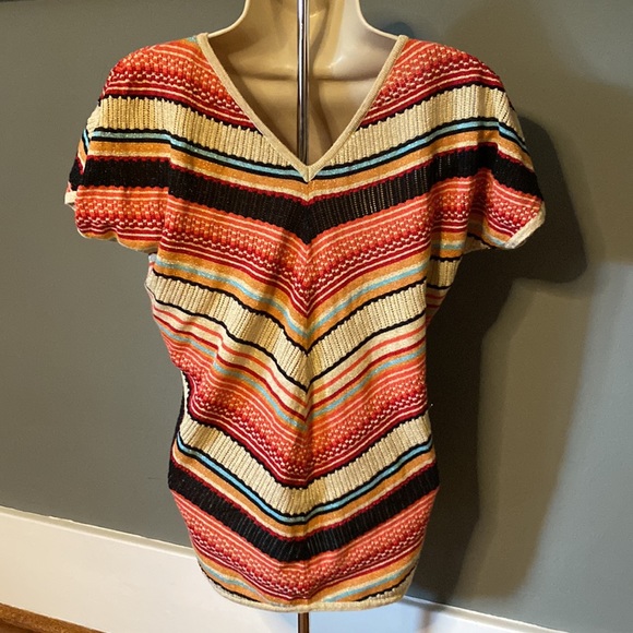 Venus Small V Neck/V Back Striped with Shimmer Detail Short Sleeve Sweater - Picture 2 of 7